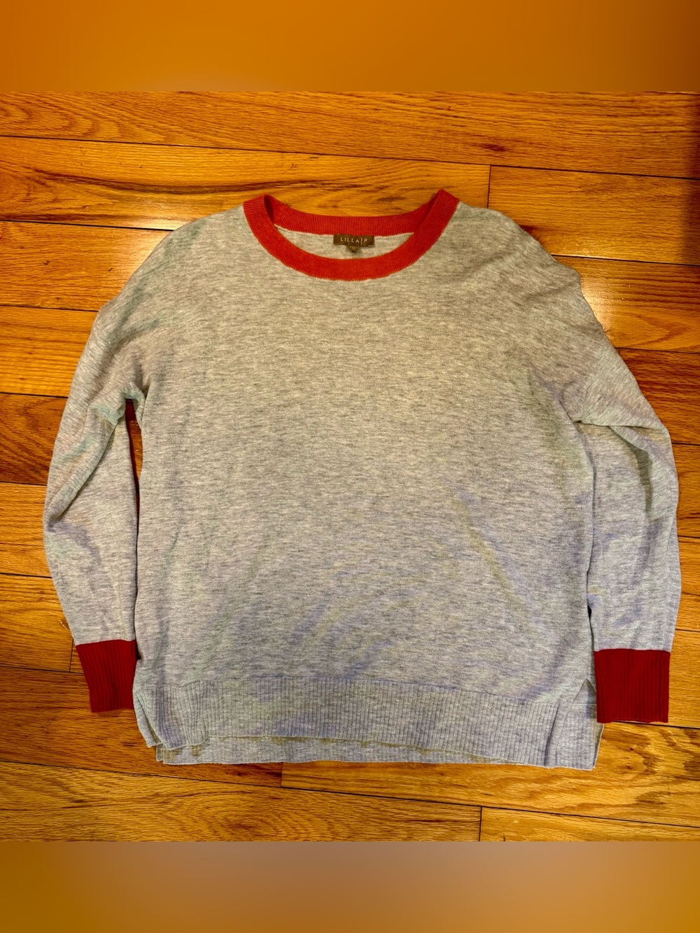 Lilla P Heather Gray Crewneck Sweater with Red Trim